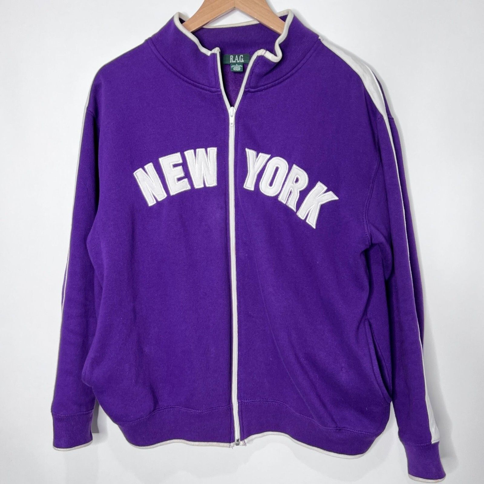 Vintage Rag New York Sweatshirt Zip Up Mock Neck Purple White Oversized Adult S
